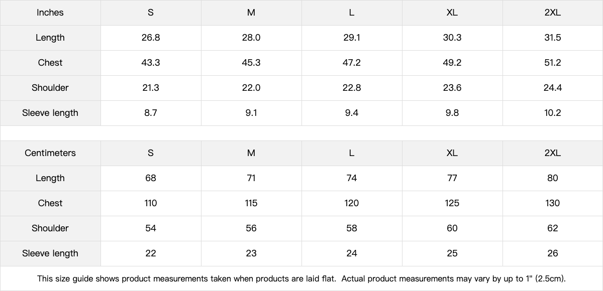 Boxy Tee size chart